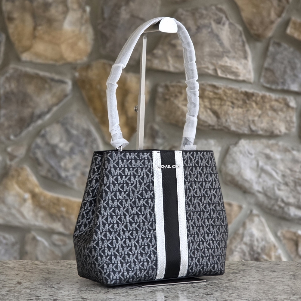 Michael Kors Pratt Medium Logo Center Stripe Black Shoulder Bag